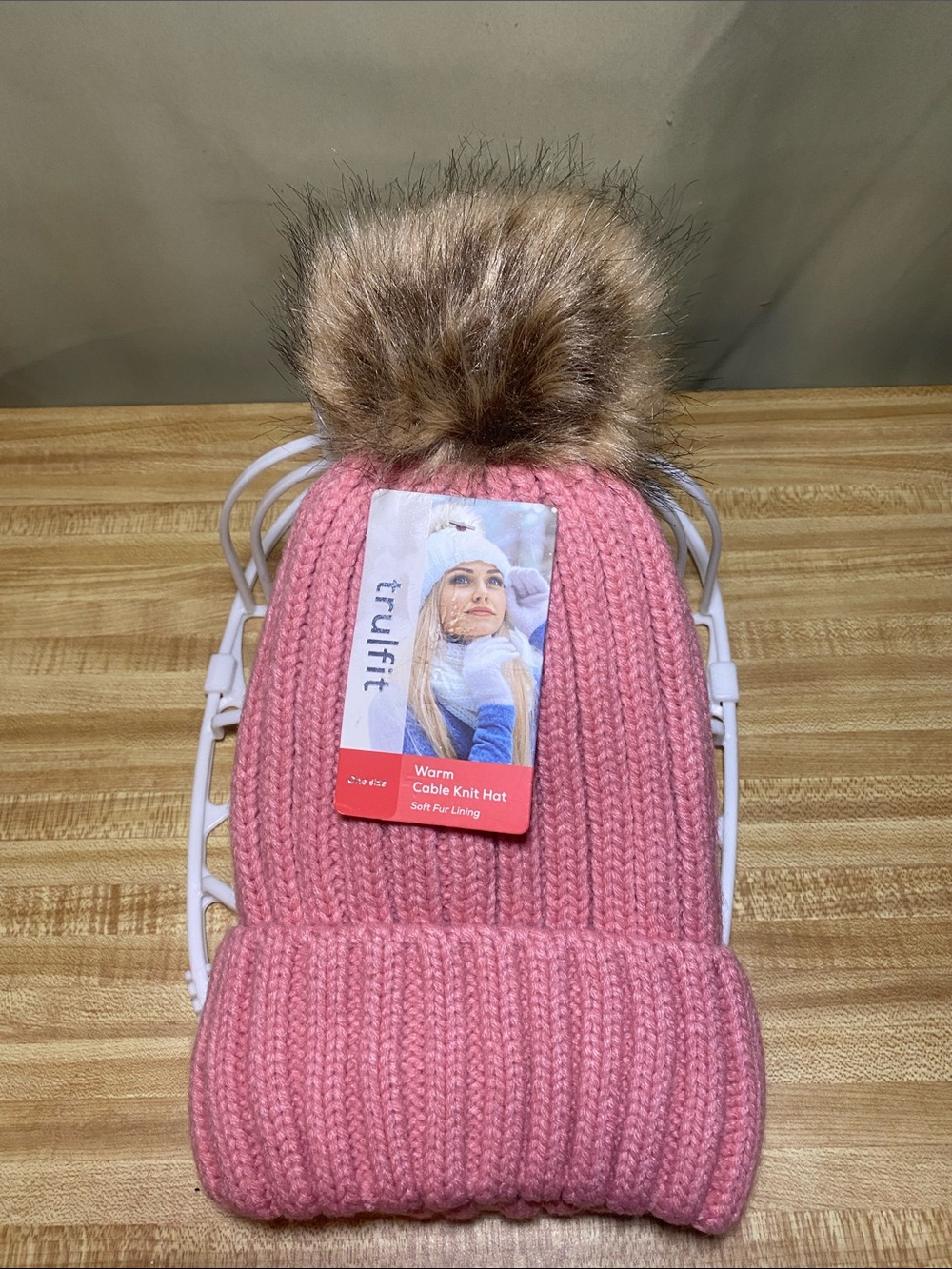 Tru Fit Warm Cable Knit Hat Soft Fur Lining Pink with Faux Fur Pom O/S